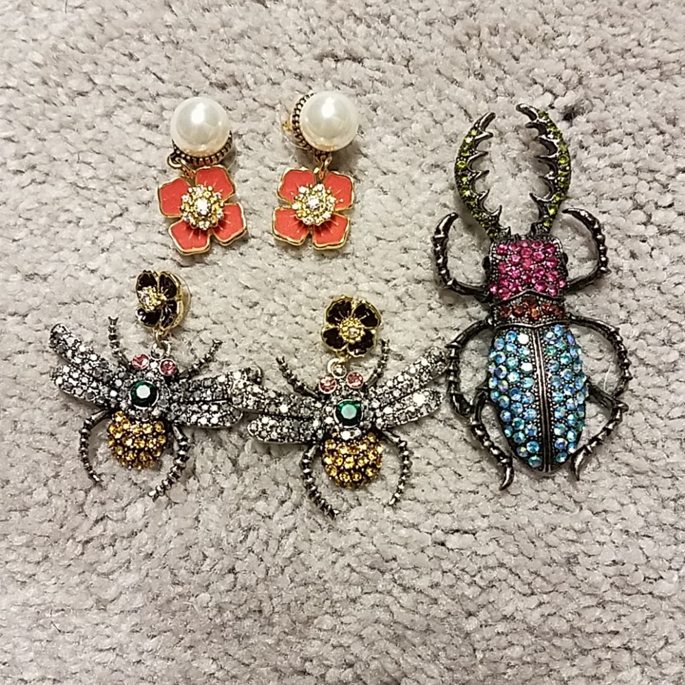 Bundle : insect, flower, bee earrings &beetle  pin